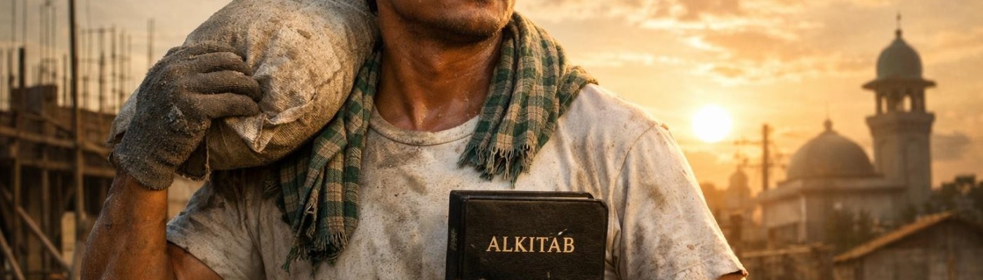 Man carrying sack on shoulder and holding a book labeled ALKITAB at construction site