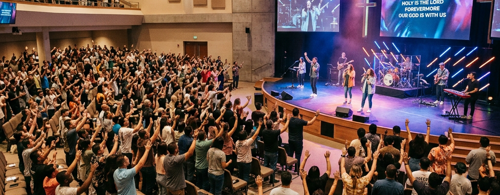 Congregation with raised hands during live worship service with band on stage